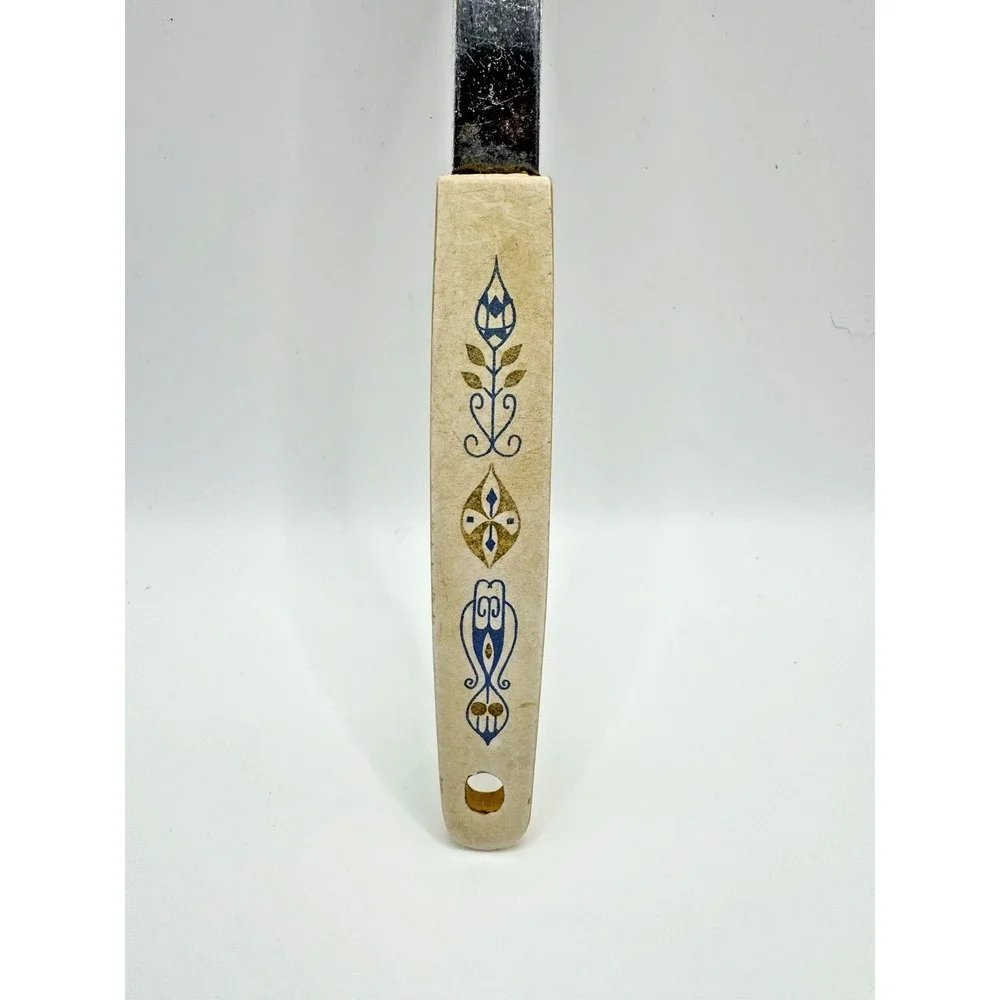 Vintage Japan Stainless Steel Plastic Handle Blue Gold Floral Design Meat Fork